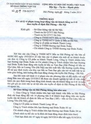 Bài 6: Phó giám đốc Sở Giao thông "trần tình" vụ xử lý sai phạm kiểu "vừa đấm vừa xoa" - 1 Thông báo xử lý 2 hàng xe vi phạm Đoàn Xuân, Thanh Long của Sở GTVT TP Hải Phòng.