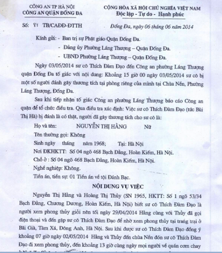 Làm rõ vụ sư cô bị hành hung gây mất an ninh trật tự tại chùa Nền - 1 Kết luận của Công an quận Đống Đa về sự việc.