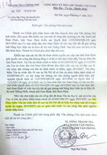 Thanh tra Chính phủ kết luận, hàng chục hộ dân vẫn tiếp tục khởi kiện UBND tỉnh Nam Định - 1 Thanh tra chính phủ kết luận, hàng chục hộ dân vẫn tiếp tục khởi kiện UBND tỉnh Nam Định