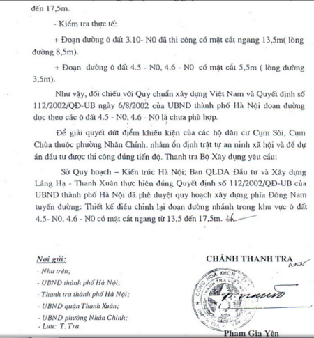 Lùm xum dự án Trung tâm thương mại bị khiếu kiện kéo dài tại phường Nhân Chính - 6 Kết luận của Thanh tra Bộ Xây dựng về con đường nội bộ tiếp giáp ô đất quy hoạch 4.6-NO.