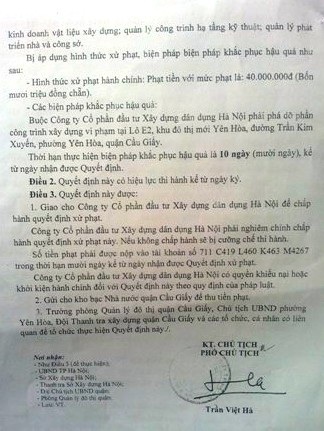 Hà Nội: Ồ ạt xây dựng trái phép trên "đất vàng" được quy hoạch dự án - 5 UBND quận Cầu Giấy xử phạt và yêu cầu tháo dỡ các công trình vi phạm.