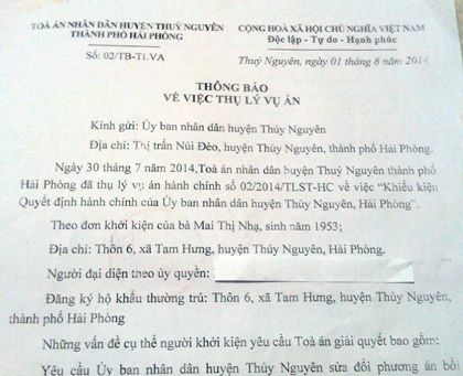 Khúc mắc trong việc đền bù thu hồi đất, người dân khởi kiện UBND huyện Thủy Nguyên.
