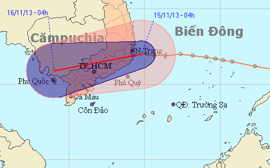 Bão 15 suy yếu nhanh, mưa hầu khắp các tỉnh Nam Bộ - 5 Chưa vào bờ bão 15 suy yếu nhanh và tan dần. (Ảnh: NCHMF)