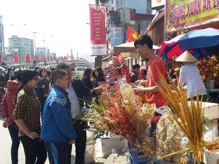 Các quầy hàng bán đồ lễ, cành vàng, lá ngọc hốt bạc vào dịp đầu năm.