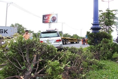 Chiếc du lịch mất lái lao sang trái phần đường ngược lại.