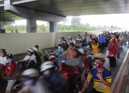 Nhiều người đã dừng lại dưới gầm cầu vượt để trú mưa...