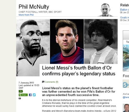 Báo chí thế giới đồng loạt tung hô Messi - 2 Tờ BBC (Anh) xếp ngang Messi với những huyền thoại làng túc cầu, Pele và Maradona
