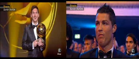 Khi Thượng đế không mỉm cười với C.Ronaldo... - 1 Vẻ mặt biểu cảm của C.Ronaldo khi Messi nhận Quả bóng vàng