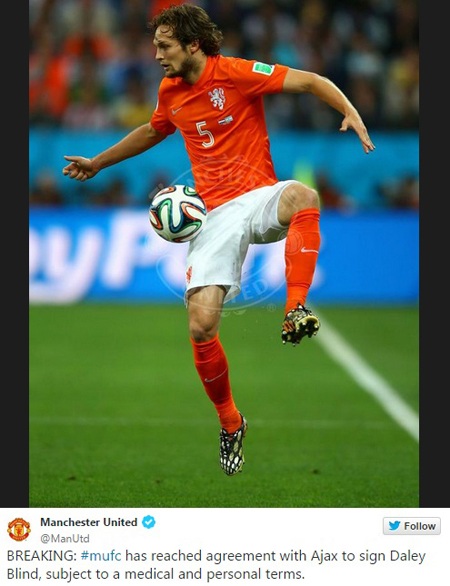 MU chính thức chiêu mộ thành công Daley Blind - 1 Trang Twitter của MU xác nhận chiêu mộ thành công Daley Blind