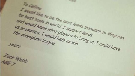 Cậu bé 7 tuổi tự ứng cử ghế HLV đội hạng Nhất Anh - 1 Bức thư ứng
tuyển ghế HLV của Leeds của cậu bé Zach Webb