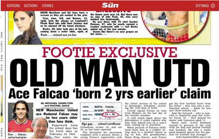 Thông tin Falcoa gian lận tuổi được đăng tải trên tờ The Sun