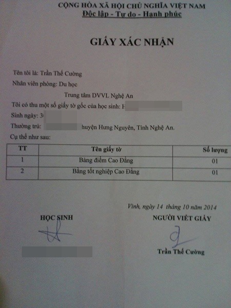 Phiếu thu cấp cho người lao động ghi rõ tiền cọc đi Đức.