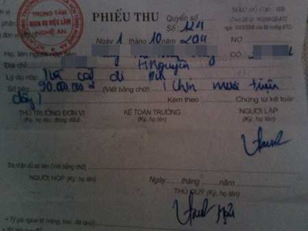 Phiếu thu cấp cho người lao động ghi rõ tiền cọc đi Đức.