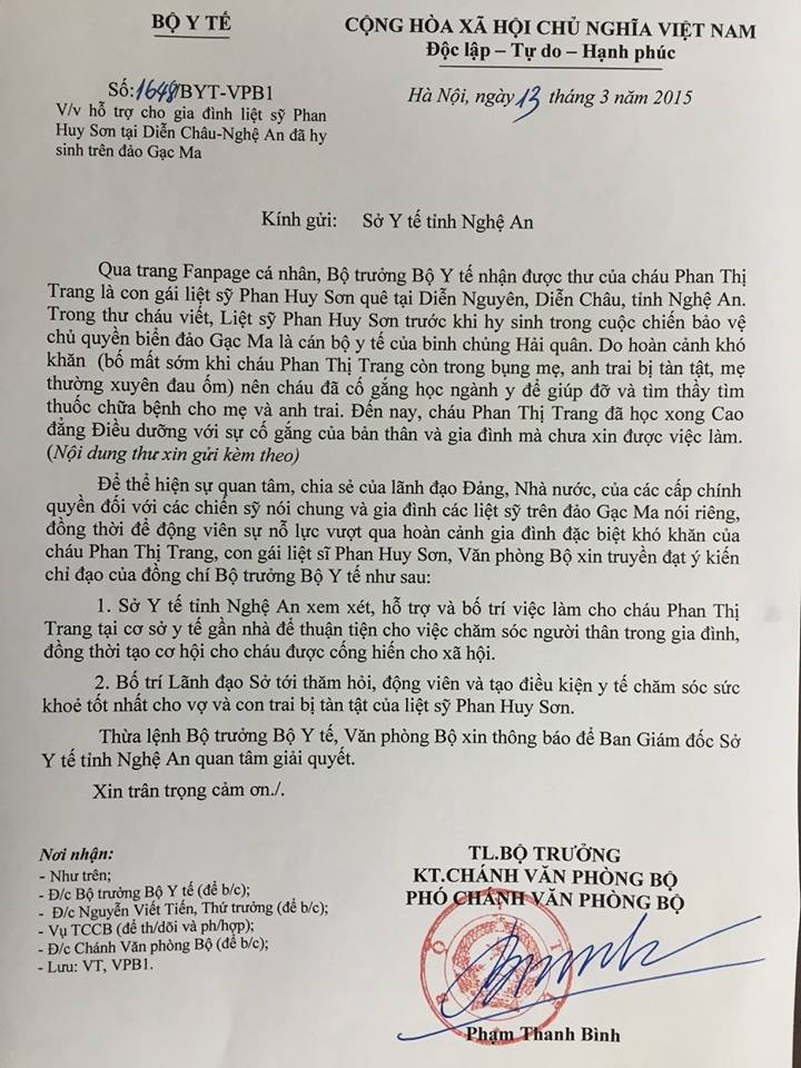 Chỉ đạo Sở Y tế Nghệ An xem xét bố trí việc làm cho con gái liệt sỹ Gạc Ma - 1 Chỉ đạo Sở Y tế Nghệ An xem xét bố trí việc làm cho con gái liệt sỹ Gạc Ma
