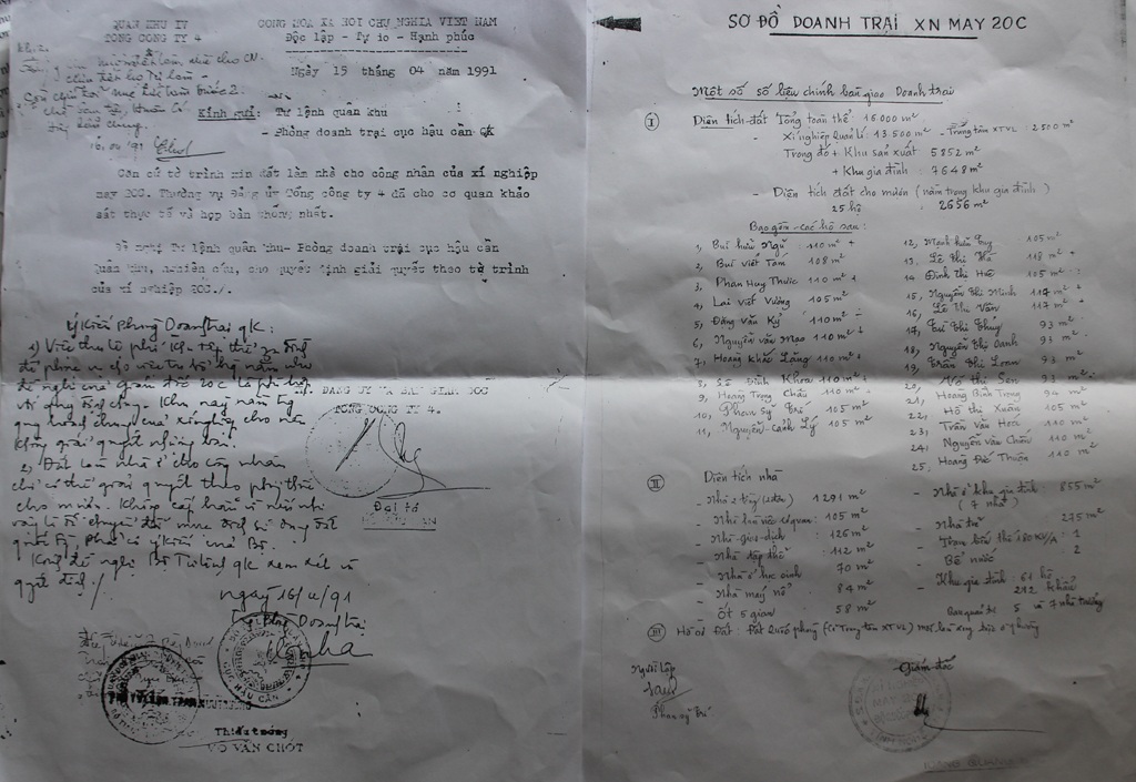 24 gia đình quân nhân và giấc mơ “mảnh đất cắm dùi” - 2 Ý kiến của lãnh đạo xí nghiệp và Quân khu 4 về việc cho các hộ dân mượn đất làm nhà vào năm 1991.