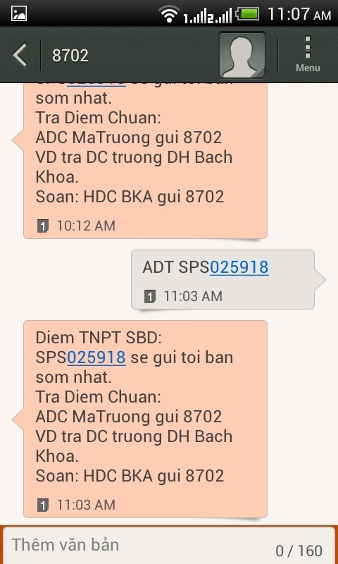 Thí sinh mất tiền oan vì tổng đài 8702 - 1 Tin nhắn tra điểm được tổng đài 8702 trả lời