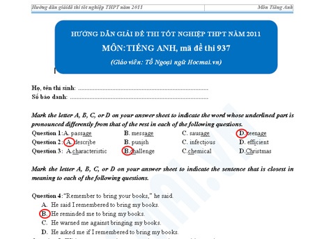 Gợi ý giải đề thi môn Anh văn tốt nghiệp THPT 2011 - 1
