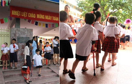 "Chú lính chì" Thiện Nhân vào lớp 1 - 4 Bắt đầu cùng các bạn diễu hành.