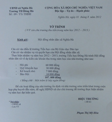 Tờ trình với 4 khoản thu mà nhà trường cung cấp cho PV