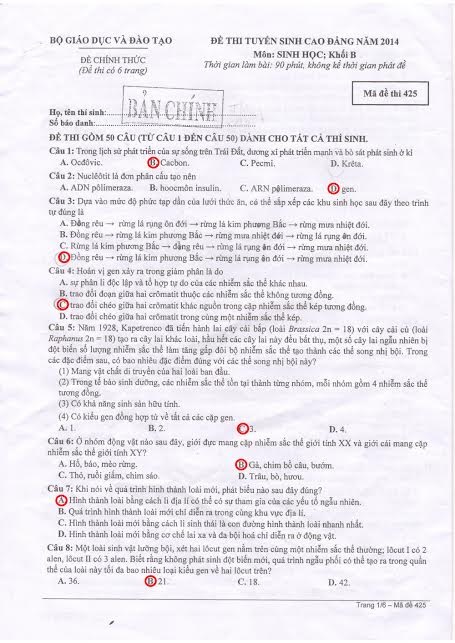 Hướng dẫn giải đề thi Cao đẳng môn Sinh học năm 2014 - 1 PV