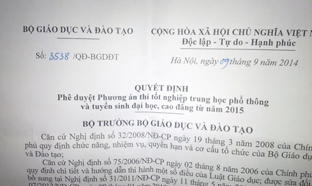 Chính thức chốt phương án thi năm 2015: Thi trong 4 ngày - 1 Chính thức chốt phương án thi năm 2015: Thi trong 4 ngày