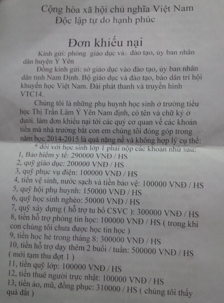 Nam Định: Phụ huynh chưa đồng tình, trường vẫn quyết làm xã hội hóa - 1 Đơn khiếu nại của phụ huynh Trường tiểu học thị trấn Lâm (huyện Ý Yên, Nam Định)