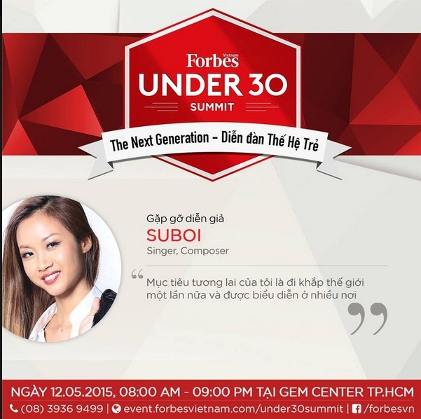 Forbes Vietnam Under 30: Gặp gỡ những người Việt trẻ thành công - 4 Suboi sẽ là một diễn giả trong buổi thảo luận ở sự kiện Under 30 Summit
ngày 12.05.2015