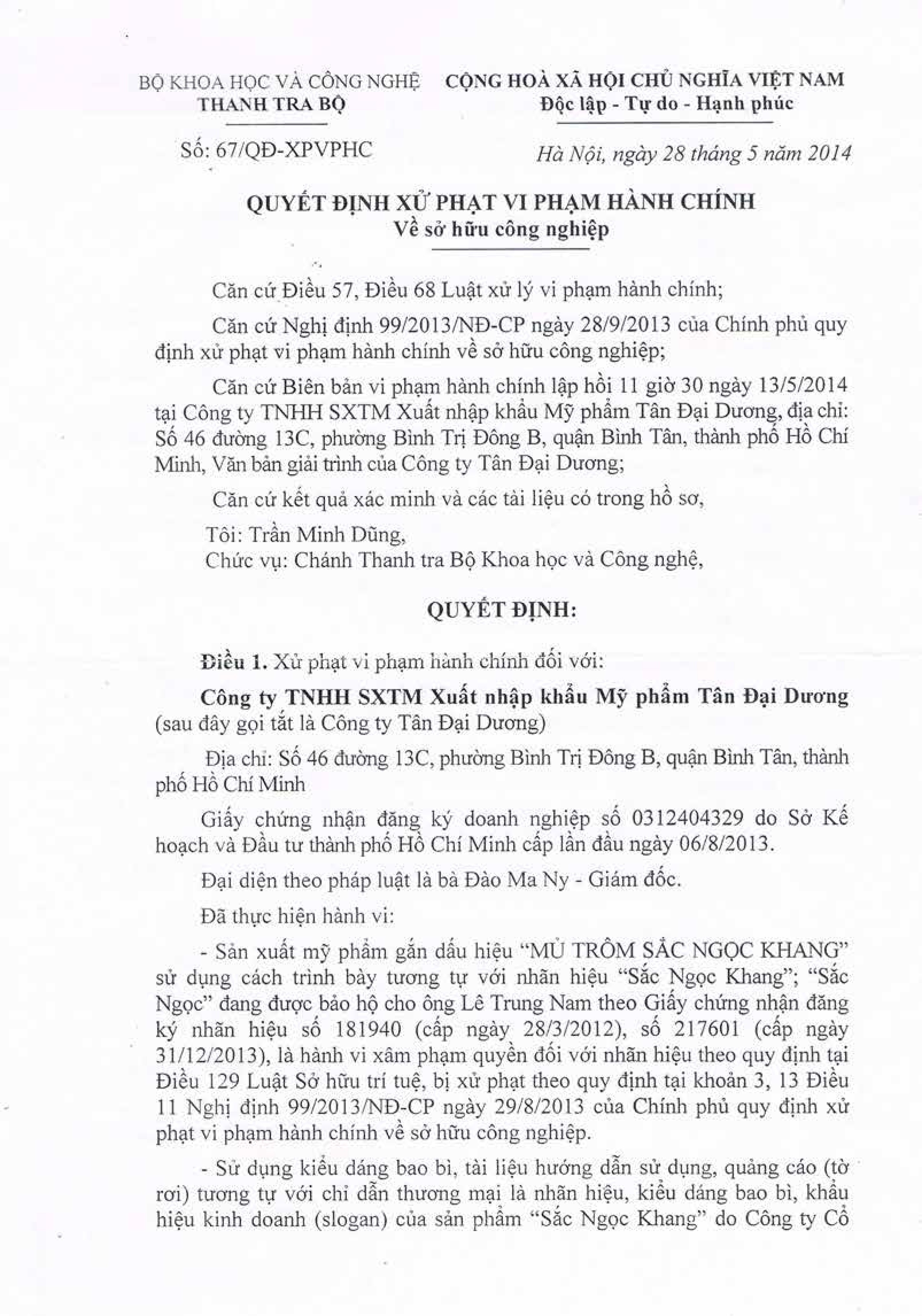 Giải oan cho Sắc Ngọc Khang chính hiệu - 1 Biên bản xử phạt công ty Tân Đại Dương của Bộ Khoa Học Và Công
Nghệ