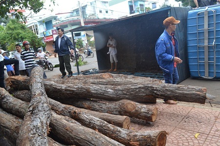 Gỗ đổ ra giữa đường đè lên 3 xe máy.