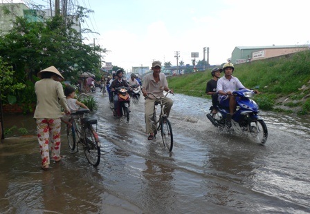 Theo người dân tuyến lộ dài hơn 500m này thường xuyên bị ngập như thế này mỗi khi trời mưa lớn.