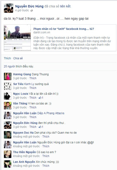 Truy nguồn phát tán ảnh phạm nhân trên facebook - 1 Nguyễn Đức Hùng chia sẻ về việc mình bị kỷ luật 3 tháng.