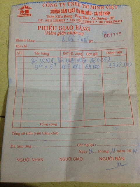 Tờ  phiếu giao hàng của cơ sở kinh doanh tôn ở Hải Phòng