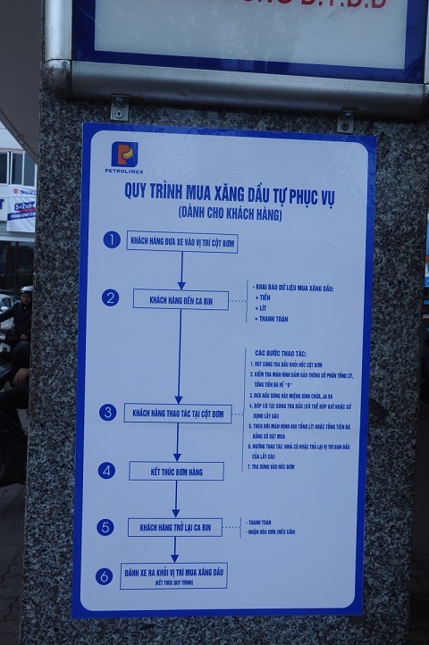Tại mỗi cây xăng cho khách hàng tự phục vụ đều có dán bảng quy trình hướng dẫn tự bơm 