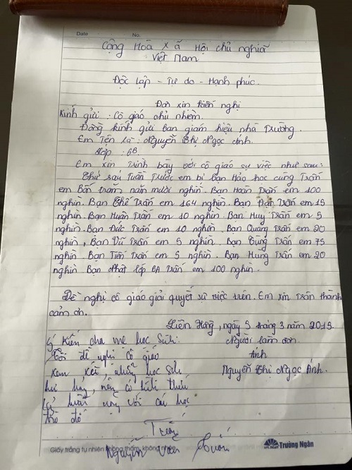 Đơn viết tay của em Ánh nói về việc bị bạn trấn tiền