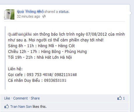 Chàng trai bán cà phê dạo khiến dân mạng xôn xao - 2 Lịch trình hàng ngày được Biểu đưa lên facebook để ai muốn thưởng thức có thể liên lạc