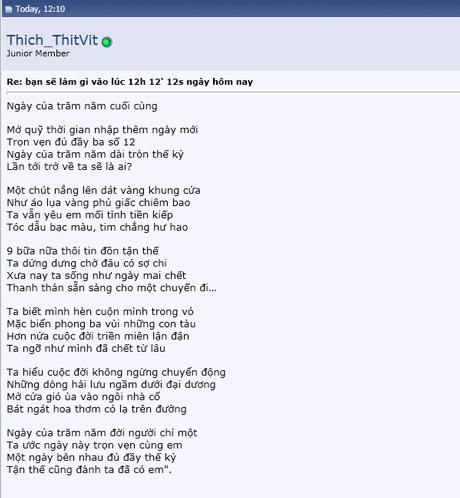 Cư dân mạng quay cuồng, phấn khích với “tam trùng” 12/12/2012 - 4 Một bài thơ khá thú vị về ngày này.