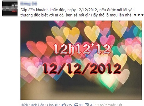 Cư dân mạng quay cuồng, phấn khích với “tam trùng” 12/12/2012 - 1 Cư dân mạng phấn khích đợi chờ ngày tam trùng này