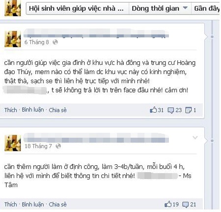Sinh viên đắt sô làm người giúp việc theo giờ - 1 Trang Facebook của một trung tâm môi giới giúp việc theo giờ