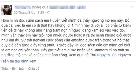 Huyền "Chip" nhận học bổng toàn phần của ĐH danh tiếng Mỹ - 4 Những chúc mừng từ bạn bè, độc giả trên facebook dành cho Huyền Chip.