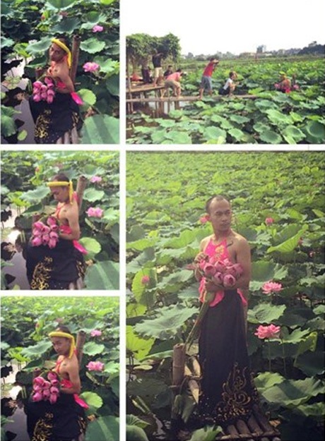 Hài hước chùm ảnh chàng trai e ấp bên hồ sen