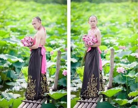 Hài hước chùm ảnh chàng trai e ấp bên hồ sen