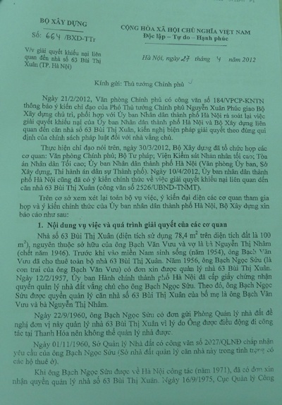 Văn bản báo cáo Thủ tướng Chính phủ của Bộ Xây dựng nêu rõ