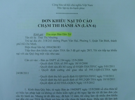 Chi cục Thi hành án quận Ba Đình bị “tố” ra quyết định trái luật - 1 Đơn khiếu nại bà Nhường gửi đến báo Dân trí (Ảnh: Ngọc Cương)