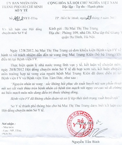Bệnh viện Pháp Việt chối bỏ trách nhiệm vụ bệnh nhân chết tức tưởi - 1 Công văn của Sở Y tế TP.HCM kết luận nguyên nhân cái tết tức tưởi