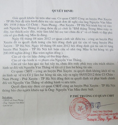 Không khởi tố vụ hủy hoại tài sản tại huyện Phú Xuyên - 2 Văn bản trả lời của Công an huyện Phú Xuyên