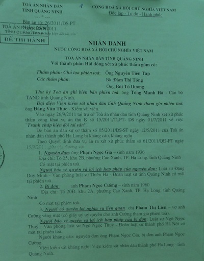 Cụ già bị cắt thận và hành trình 7 năm đòi nhà con trai chiếm giữ - 3 Bản án phúc thẩm ngày 26/9/2011 tuyên ông Gia được nhận lại nhà