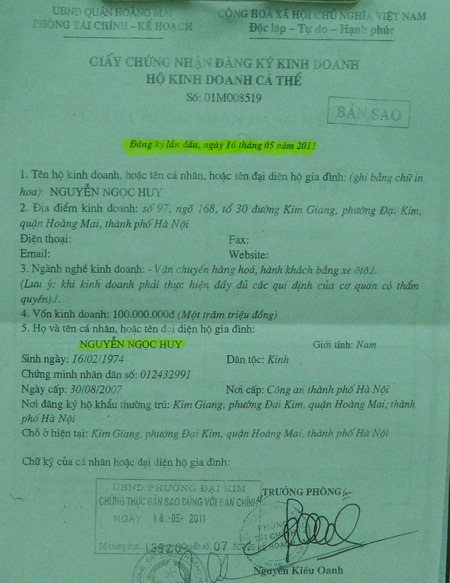 Chủ doanh nghiệp vận tải ở Hà Nội bị tố cáo lừa tiền tỷ tại TP.HCM - 2 Giấy chứng nhận đăng ký kinh doanh quận Hoàng Mai cấp