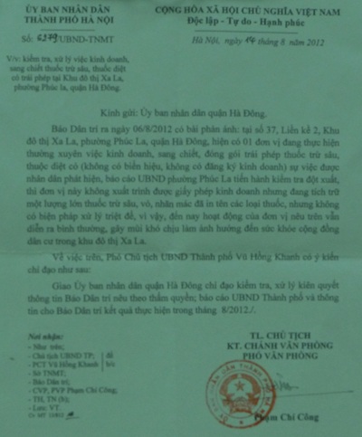 Hà Nội yêu cầu làm rõ việc kinh doanh thuốc trừ sâu tại Xa La - 2 Công văn chỉ đạo của UBND TP. Hà Nội