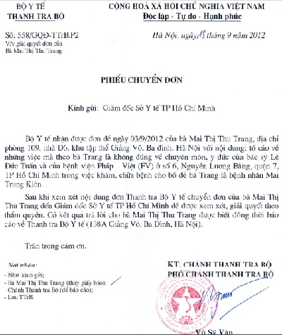 Văn bản của Thanh tra Bộ Y tế gửi Giám đốc Sở Y tế TP.HCM