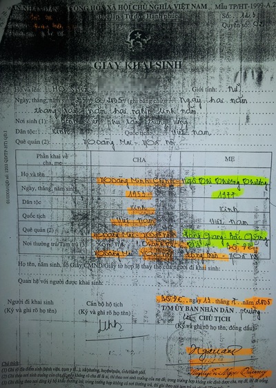 Giấy khai sinh được ký bởi Phó Chủ tịch Nguyễn Ngọc Quang
